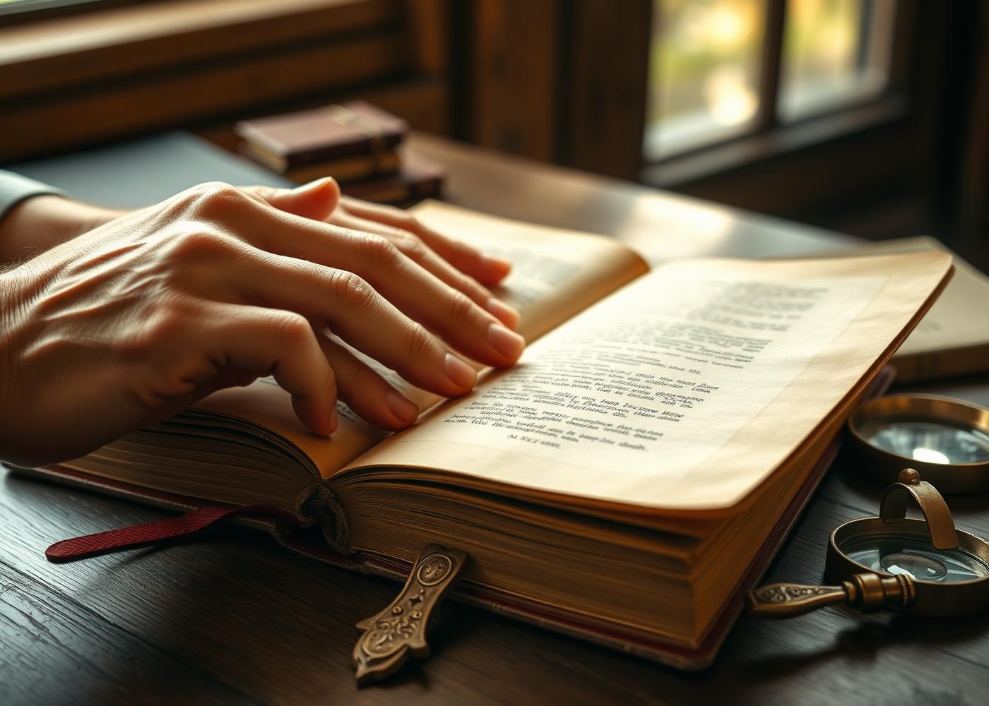 Hands examining an antique book