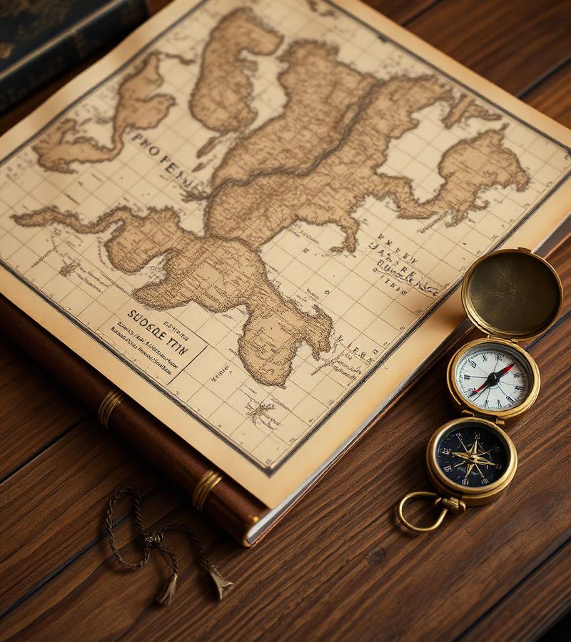 Antique map and travel journal