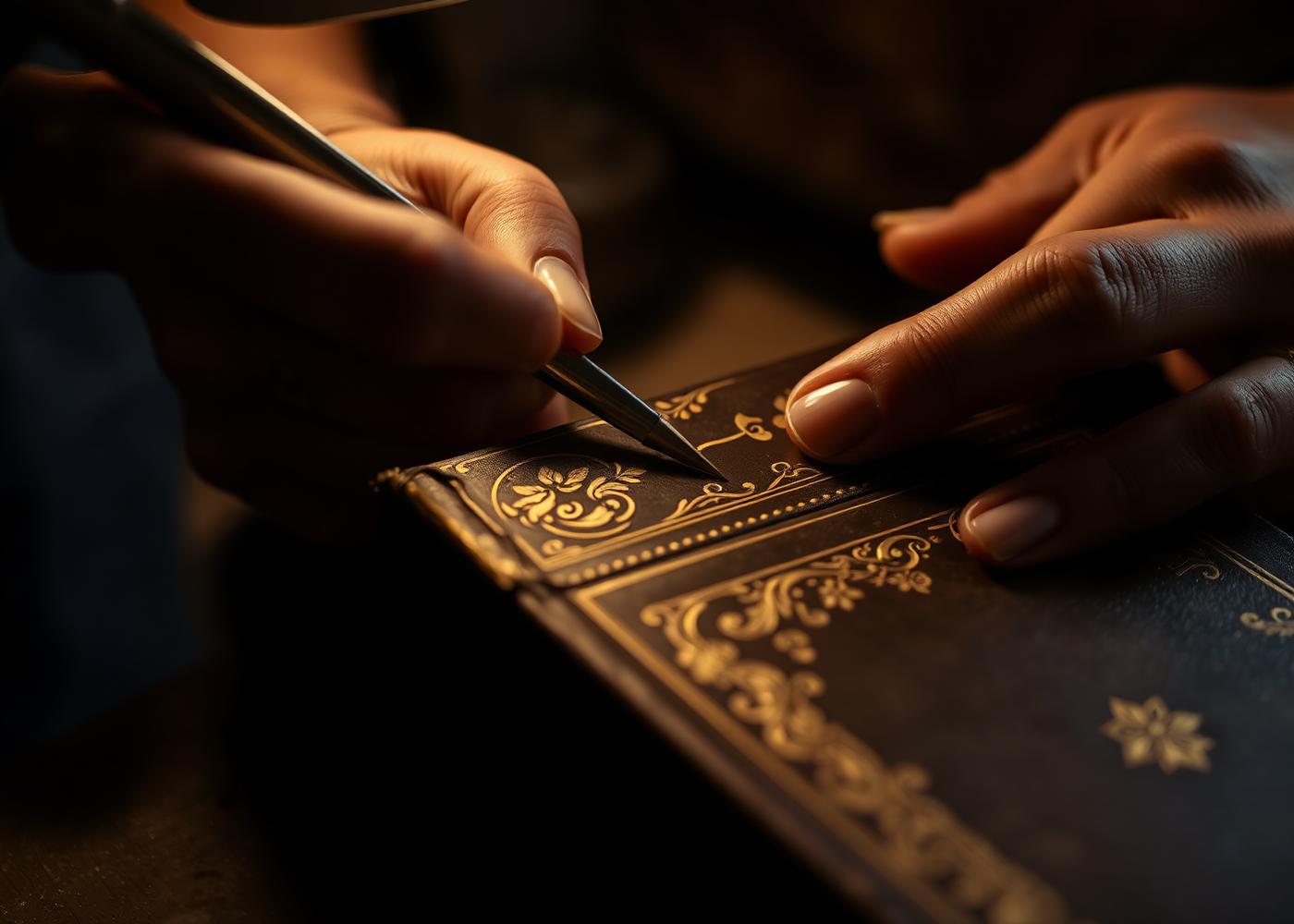 Karen Dailey applying gold leaf to a restored leather book spine