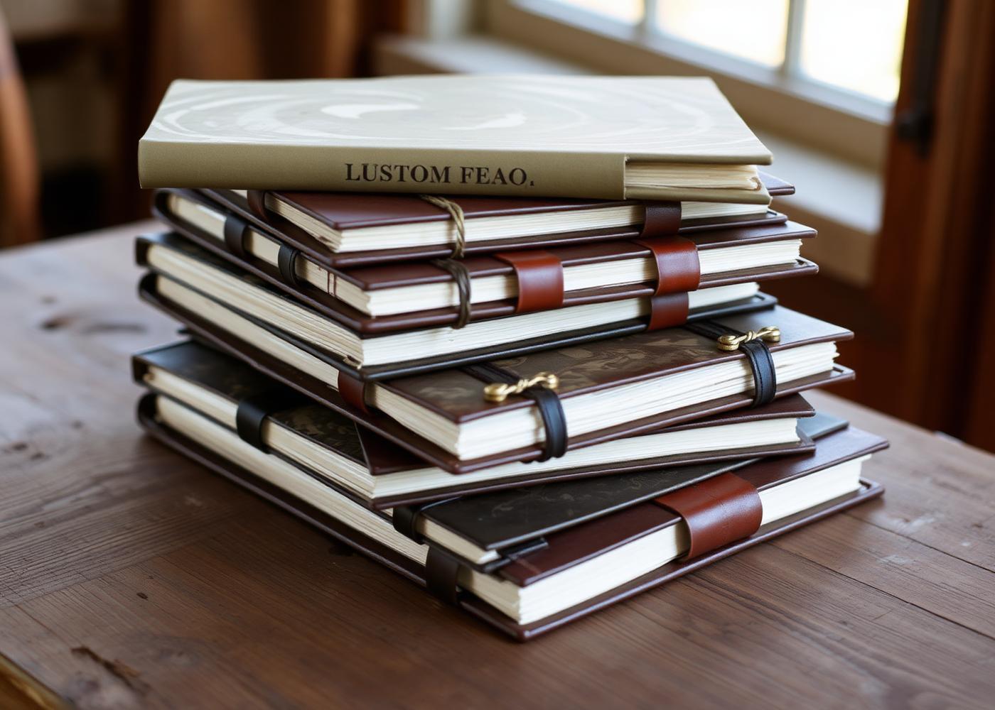 Handmade custom leather journals stacked on a wooden table